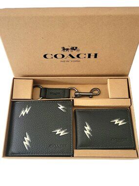 Coach CDC64 Boxed 3 In 1 Wallet Key Fob Gift Set Lightning Bolt Print Leather